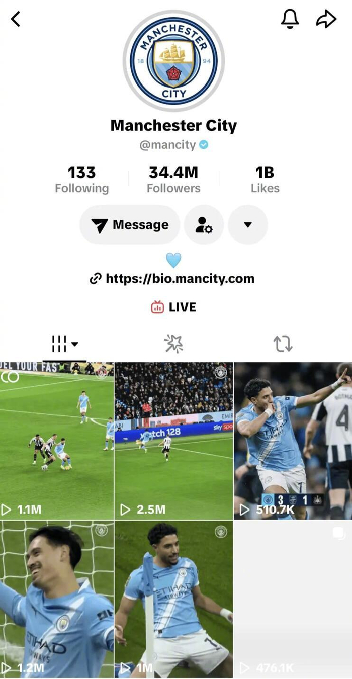 曼城TikTok点赞破10亿创俱乐部纪录|官方|账号_新浪体育_新浪新闻